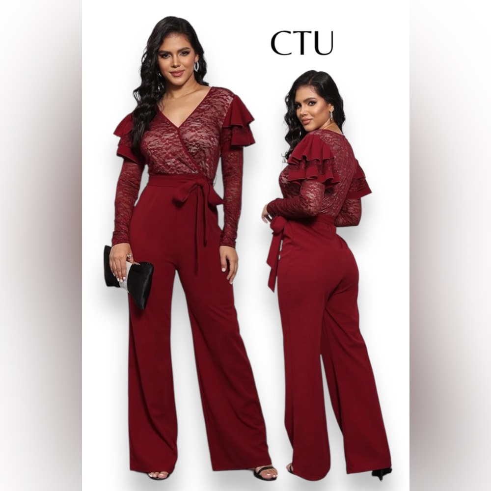 290. Small NWT CTU Cute Jumpsuit for Women-V Neck Ruffled Long Sleeves Wide Leg